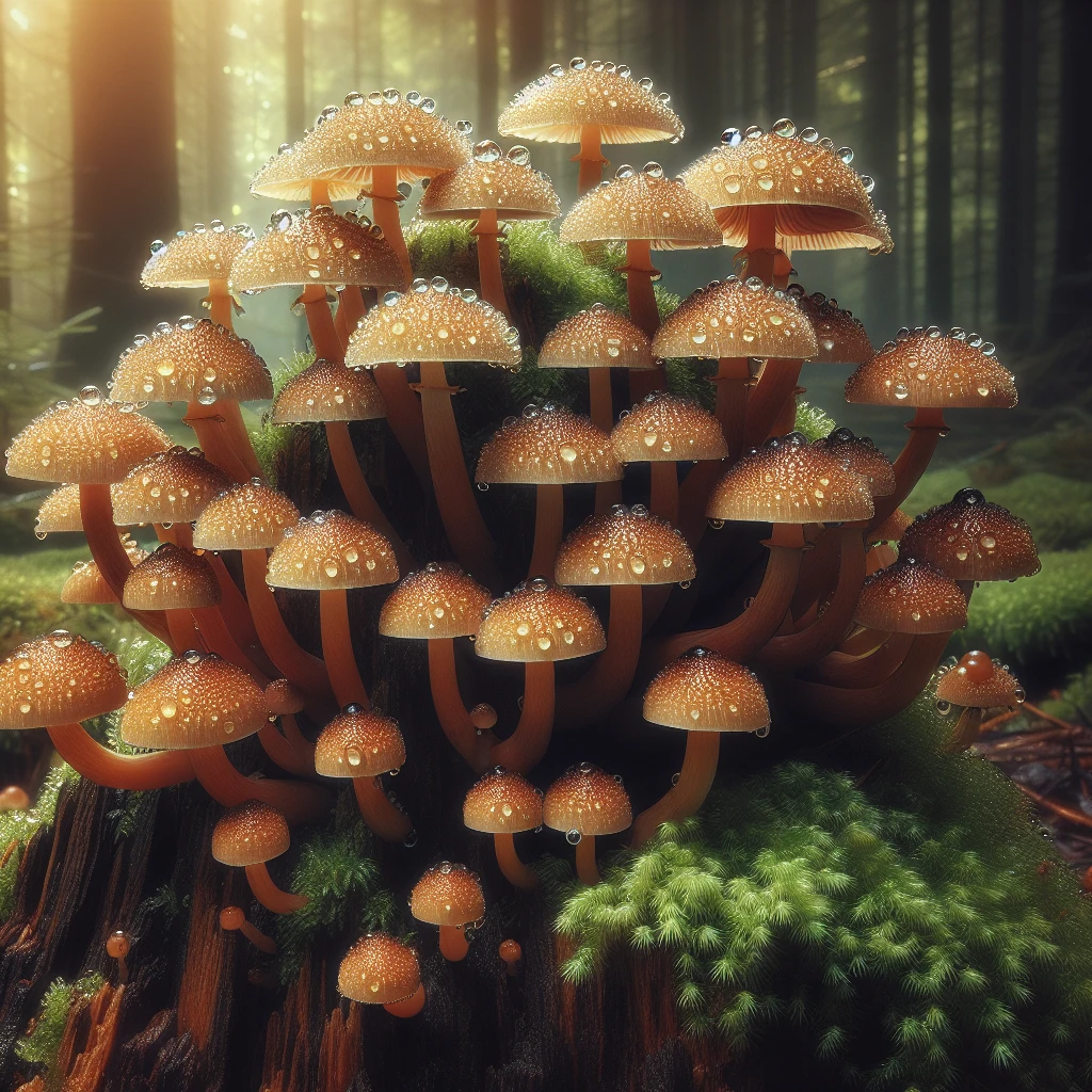 湿った森の倒木の根元に群生するナラタケのきのこが、苔とともに映る接写写真。