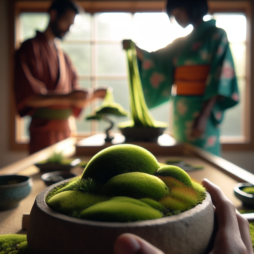 盆栽の苔越しに、ぼんやりと浴衣姿の人が風呂敷で何かを包んでいる様子が見える写真。