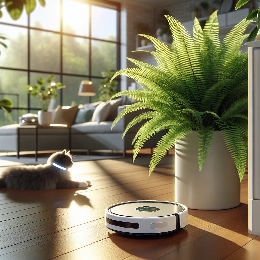 窓際の鉢植えシダと、そのそばを通る白いロボット掃除機、奥にスマート首輪をつけた猫がくつろいでいる様子。