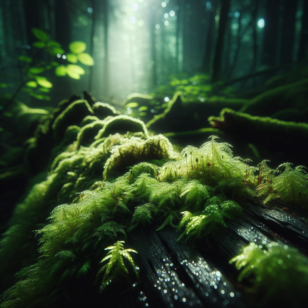朽ち木の上に生い茂る鮮やかな苔に雨露が光るクローズアップ写真。