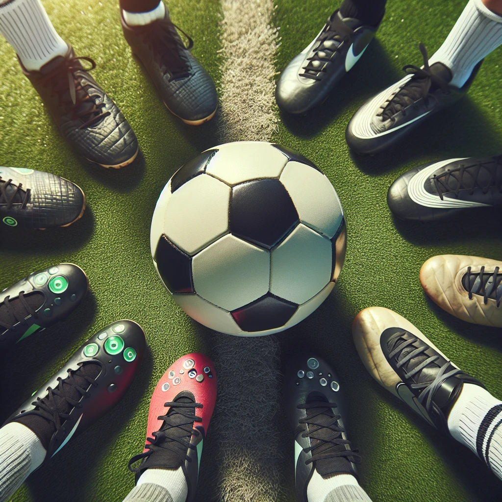 人工芝の上に置かれ、子供たちの足元に囲まれた合皮製サッカーボールのクローズアップ写真。
