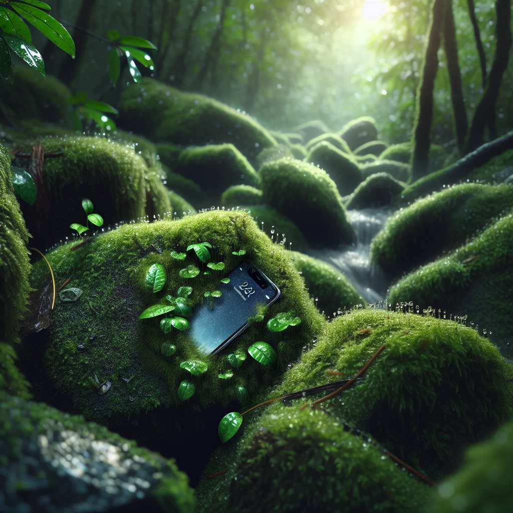 湿った岩の上で水滴をまとって生き生きと生える苔と、所々に小型デバイスの画面がそっと見える森の接写写真。