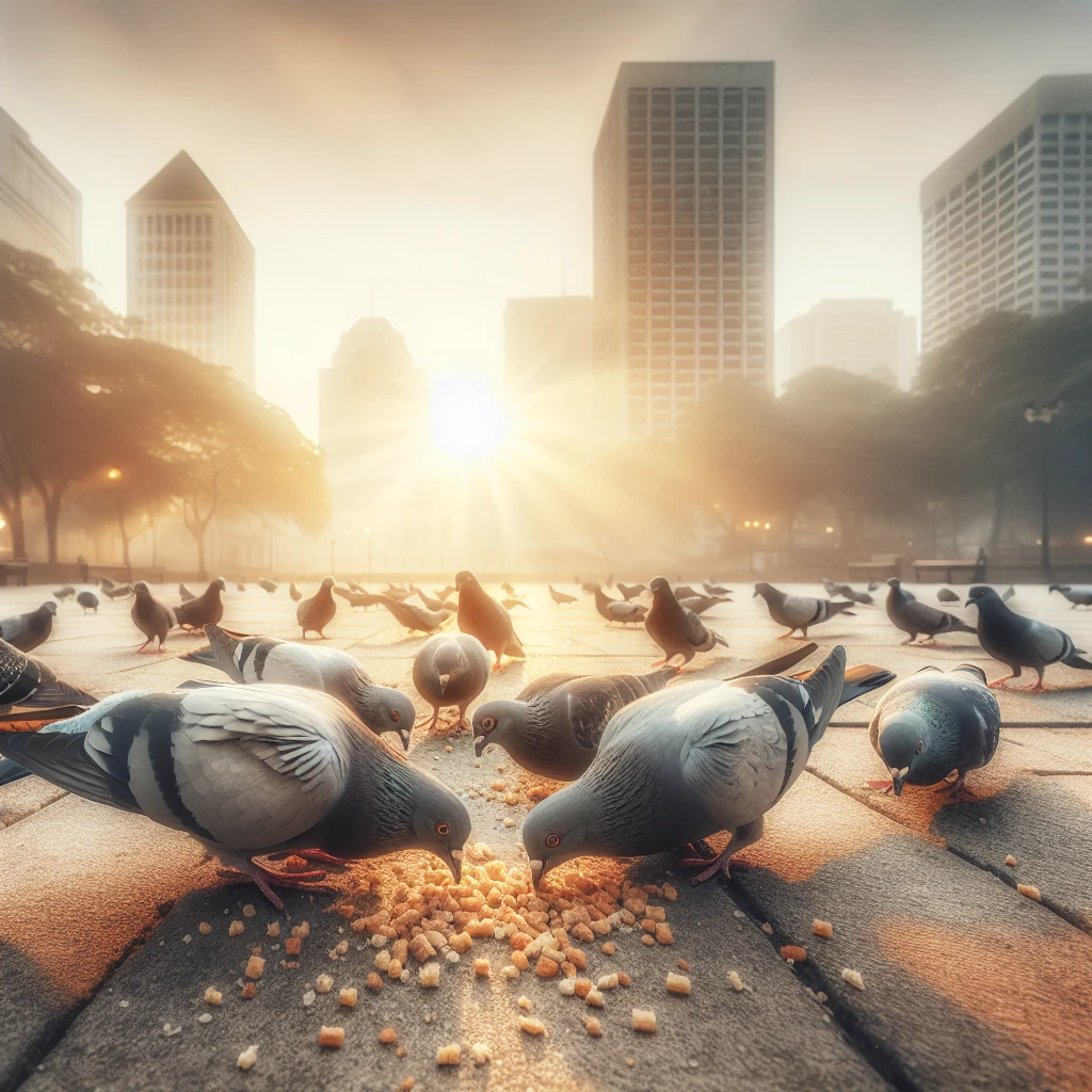 都市公園の地面で少ないパン屑をついばむグレーのハトたちを低い位置から写した写真。