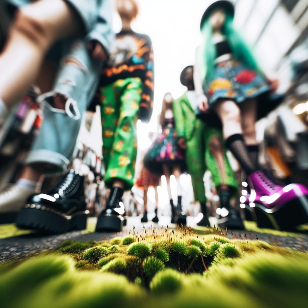 コンクリートの裂け目に生えた苔越しに、カラフルな服やアクセサリーを身につけた若者たちの足元が見える写真。