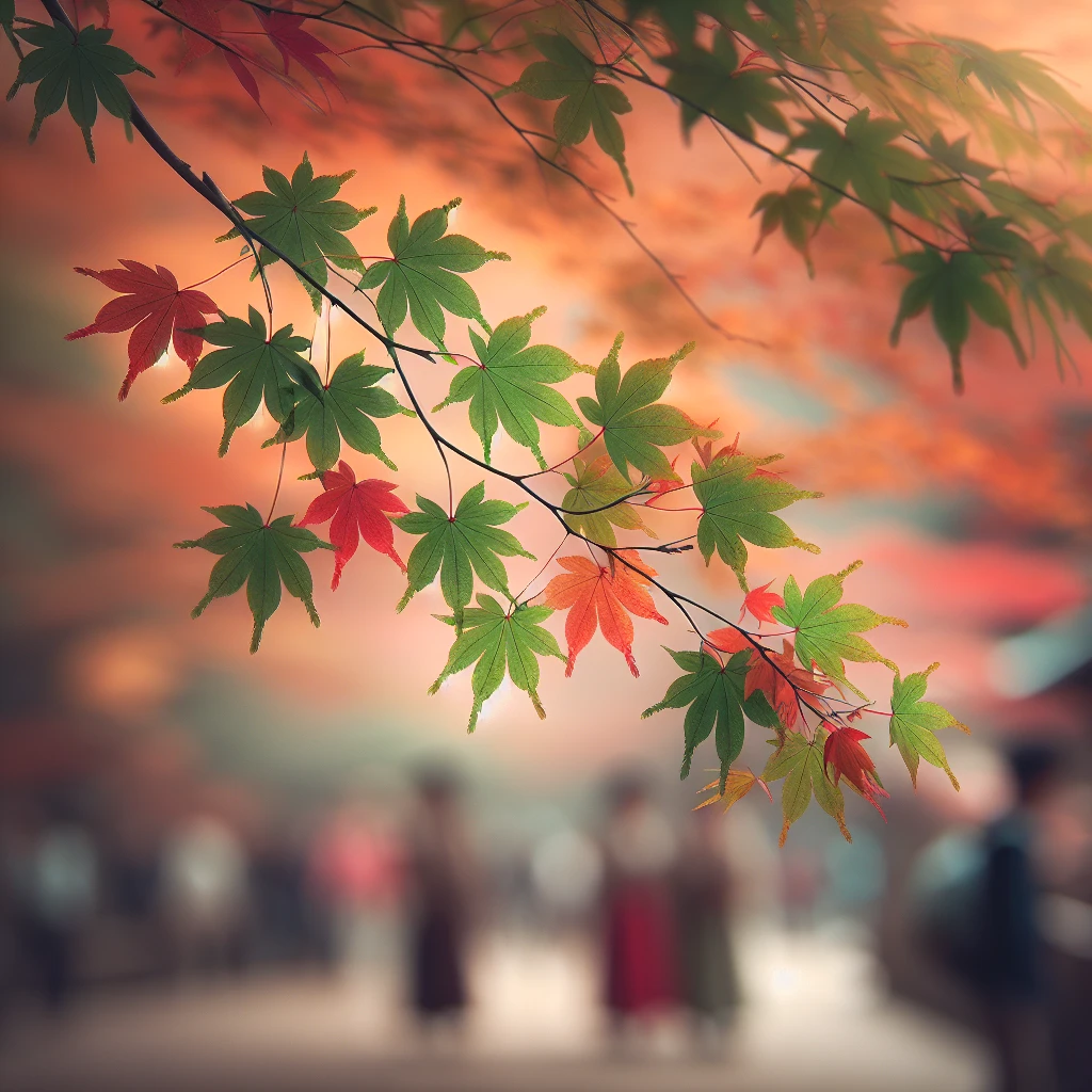 紅葉したモミジの葉が枝先で揺れ、背景に季節の服装をした人々が歩く様子がぼんやりと映っている。