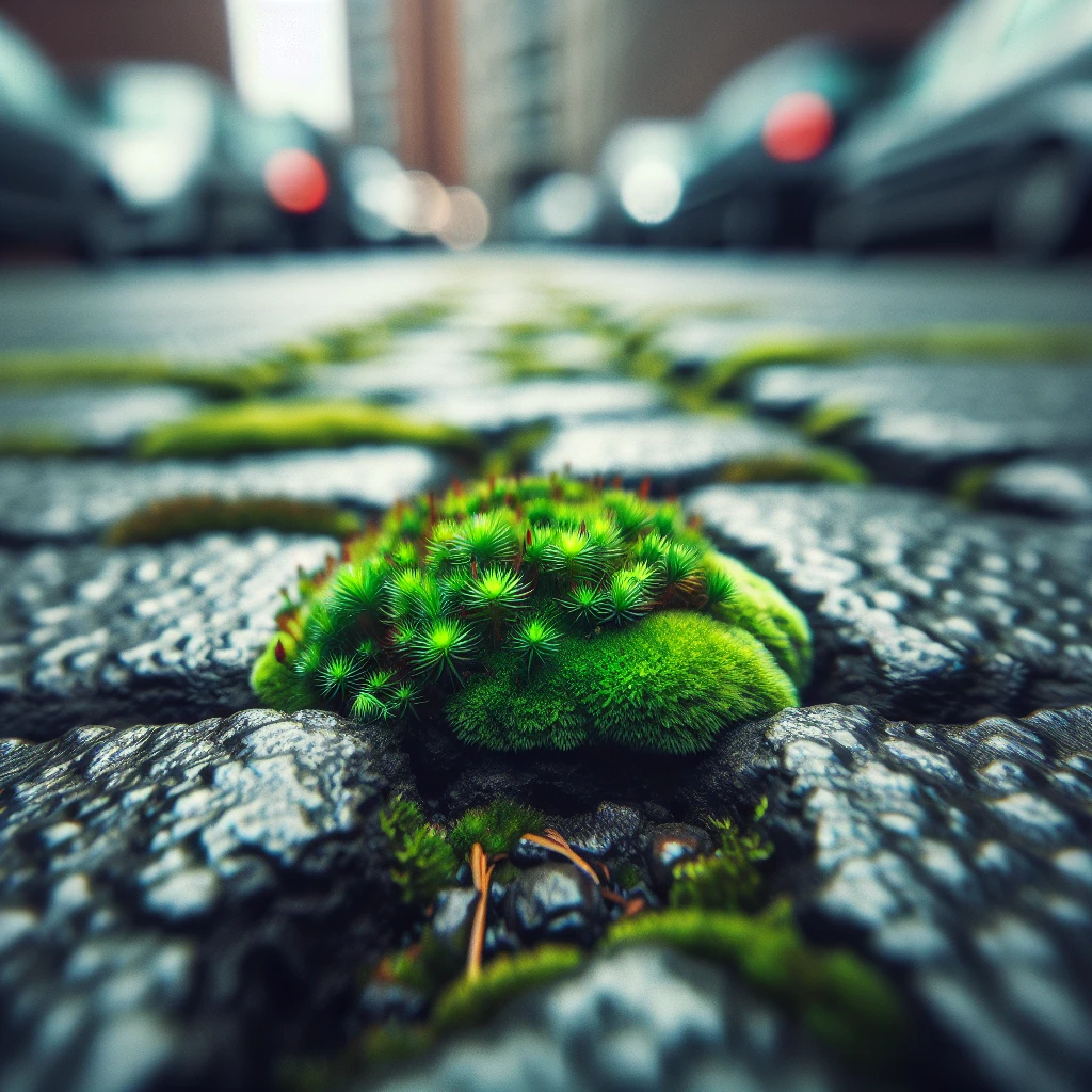 アスファルトの駐車場のすき間に生える苔と、背景にぼんやりと映る自動車を低い視点から写した写真。