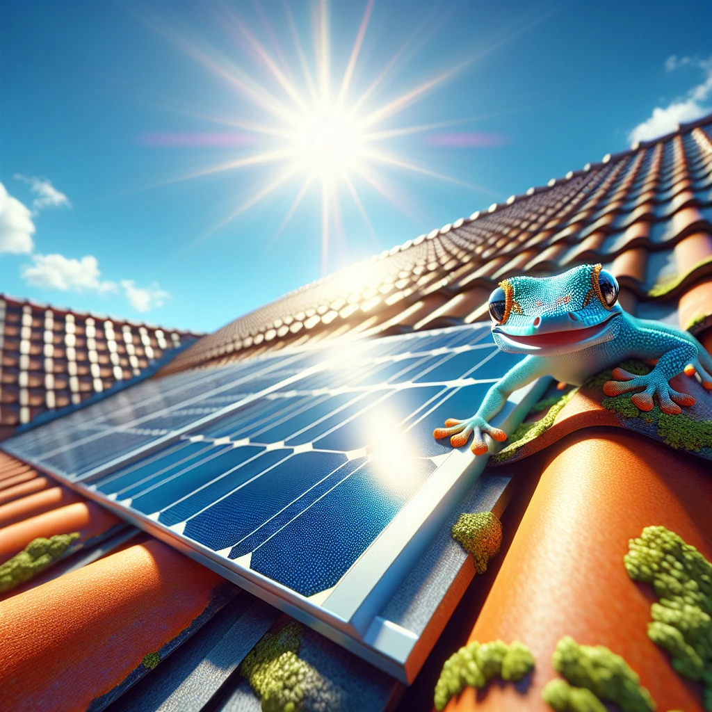 屋根の上で太陽光パネルと瓦の隙間にいるヤモリの視点から見た夏の日差しに照らされたソーラーパネルのクローズアップ写真。