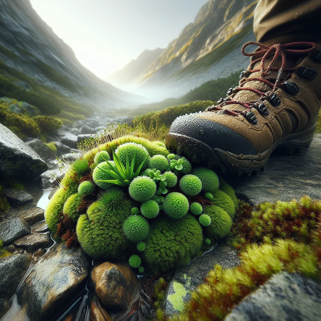 高山の岩のひだに群生する苔の手前を、泥が付いた登山靴がそっと踏み出そうとする様子の接写写真。