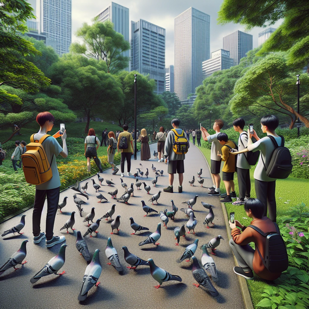 公園の小道でパンくずをついばむ鳩たちをスマートフォンで撮影する人々の様子。