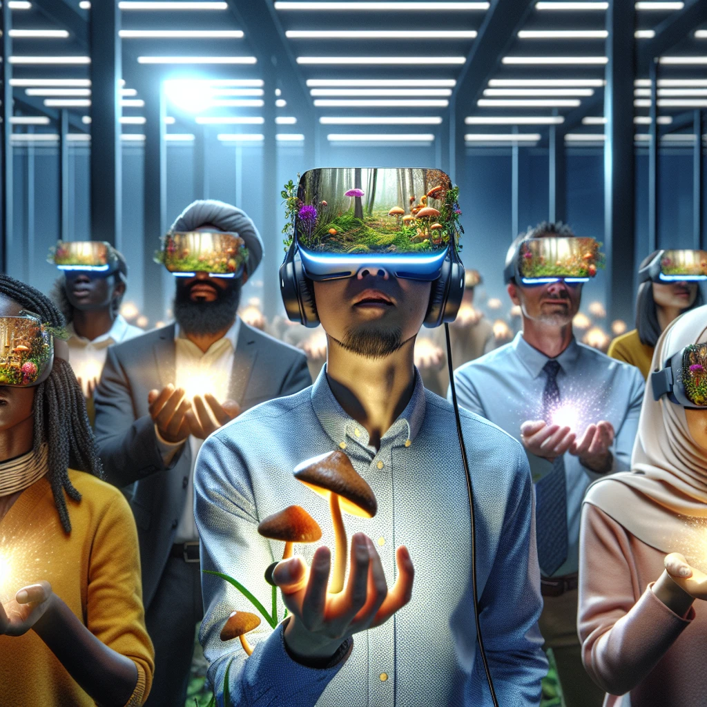 室内でVRヘッドセットを着用し、仮想の森でキノコ狩りをしているように手を伸ばす人々のリアル写真風の様子。