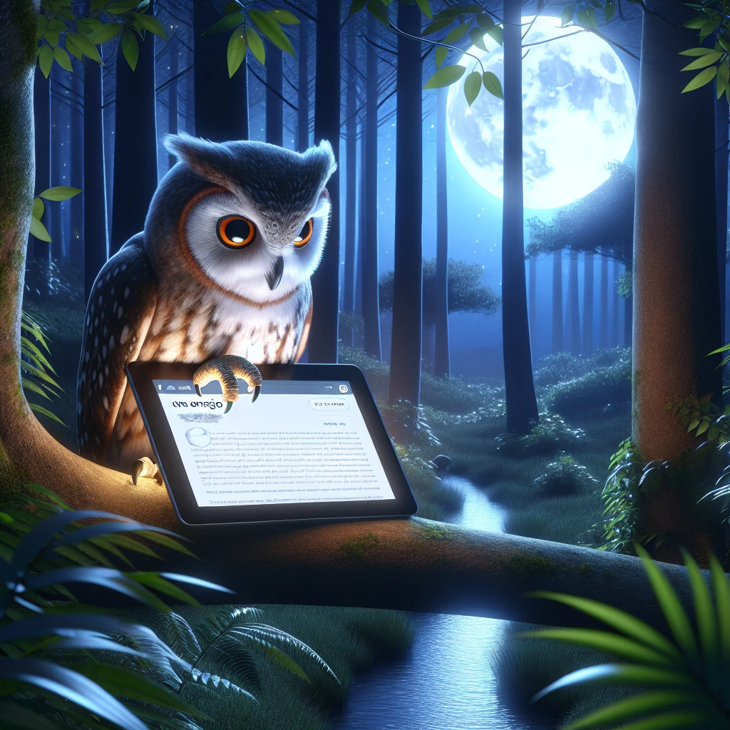 月明かりの下、木の枝に止まったフクロウがタブレットで読書している様子。