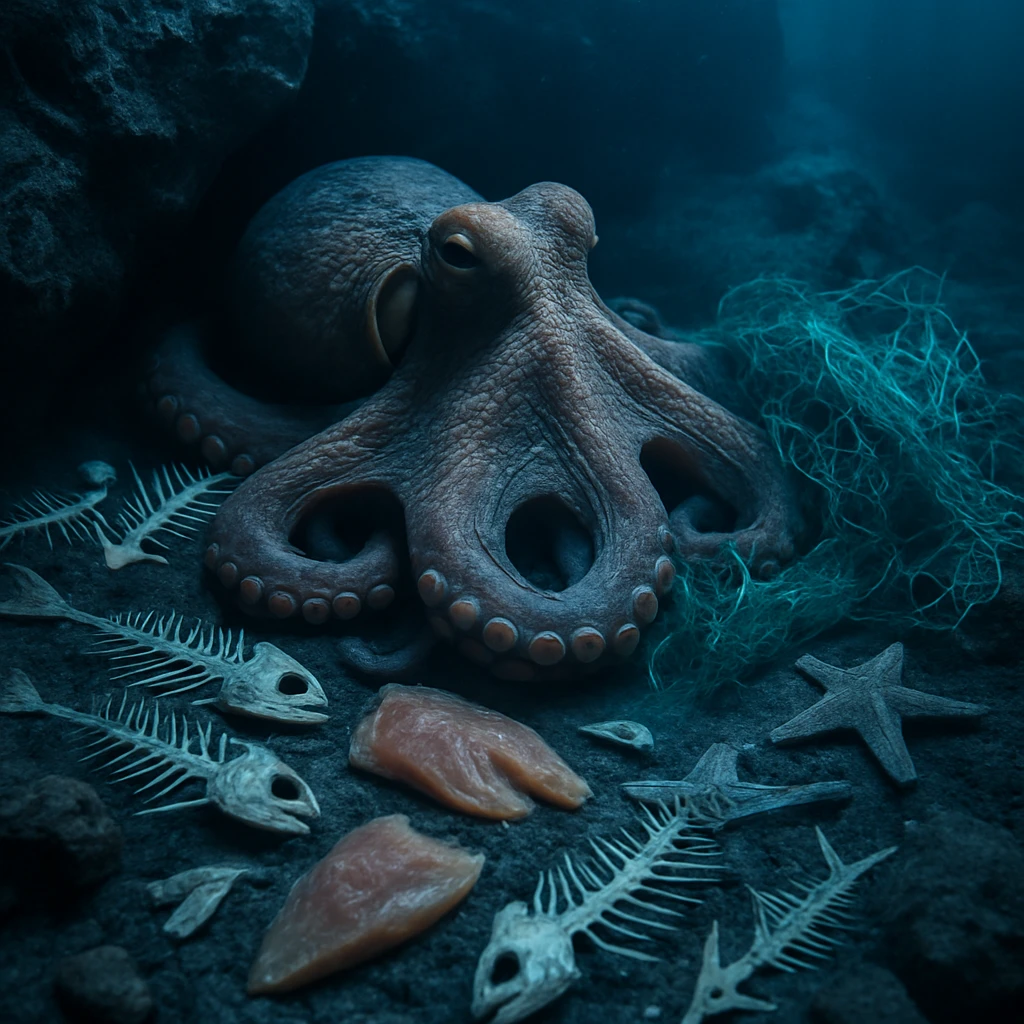 海中の岩場にたたずむマダコが魚の切り身や網の切れ端とともに写っている写真。