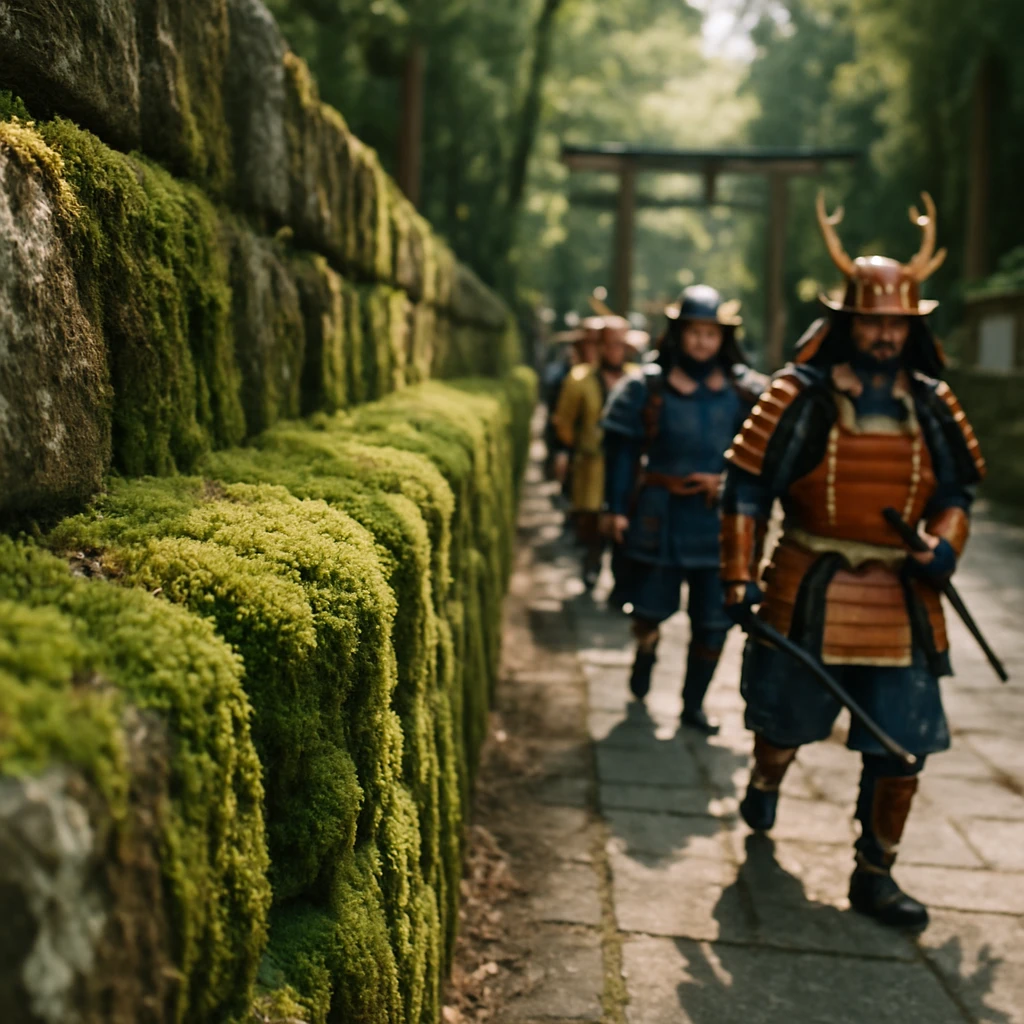 石垣の上で鮮やかに生えるコケを手前に、背景で侍風の衣装を着た人々が行進している春の神社参道の様子。