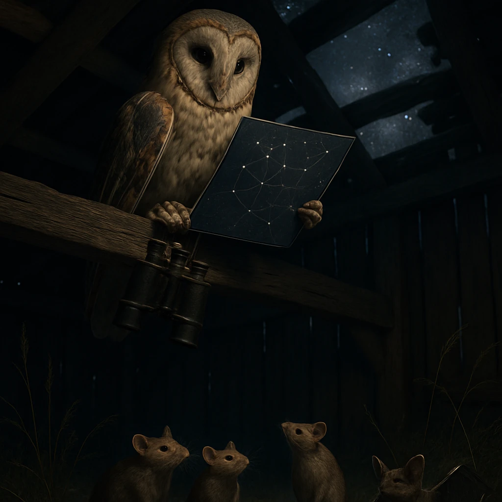 古びた納屋の梁にフクロウが止まり、星座早見盤と双眼鏡を持ちながら、下では野ねずみの家族とコウモリが星空を見上げて集まっている夜の様子。