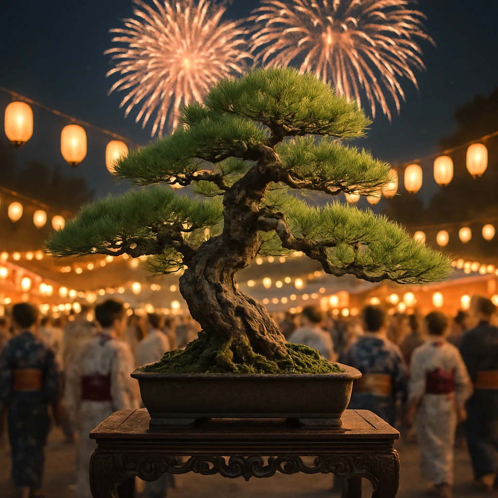 夏祭りの夜、屋外の台の上に置かれた古いマツの盆栽と背景に打ち上がる花火をとらえた写真風の画像。