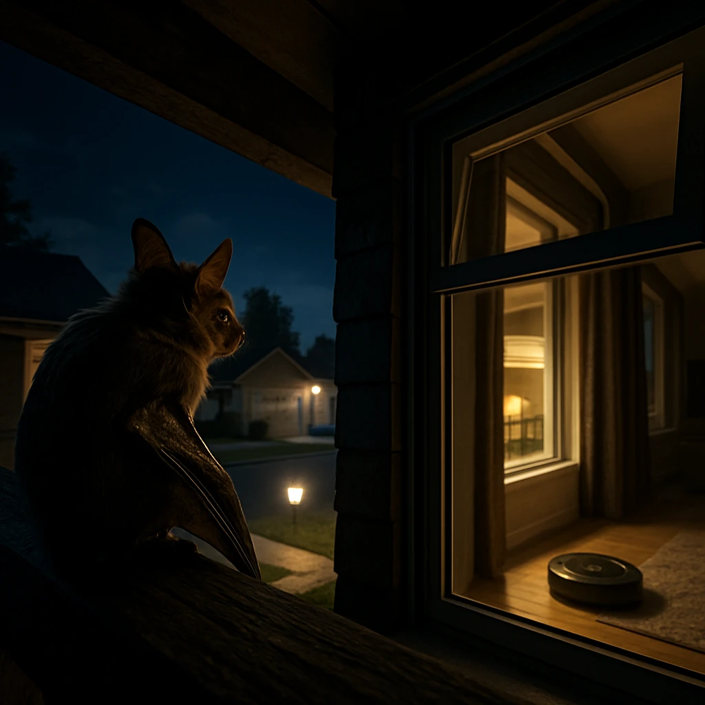 夜の住宅街で、屋根裏の木材にとまるアブラコウモリと家の窓越しに見える自動掃除機の様子。