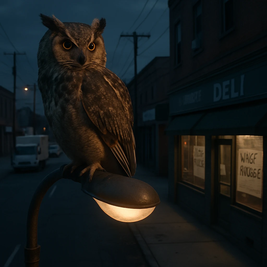 夜明け前の街灯にとまるフクロウが都市の通りを見下ろしている写真風画像。