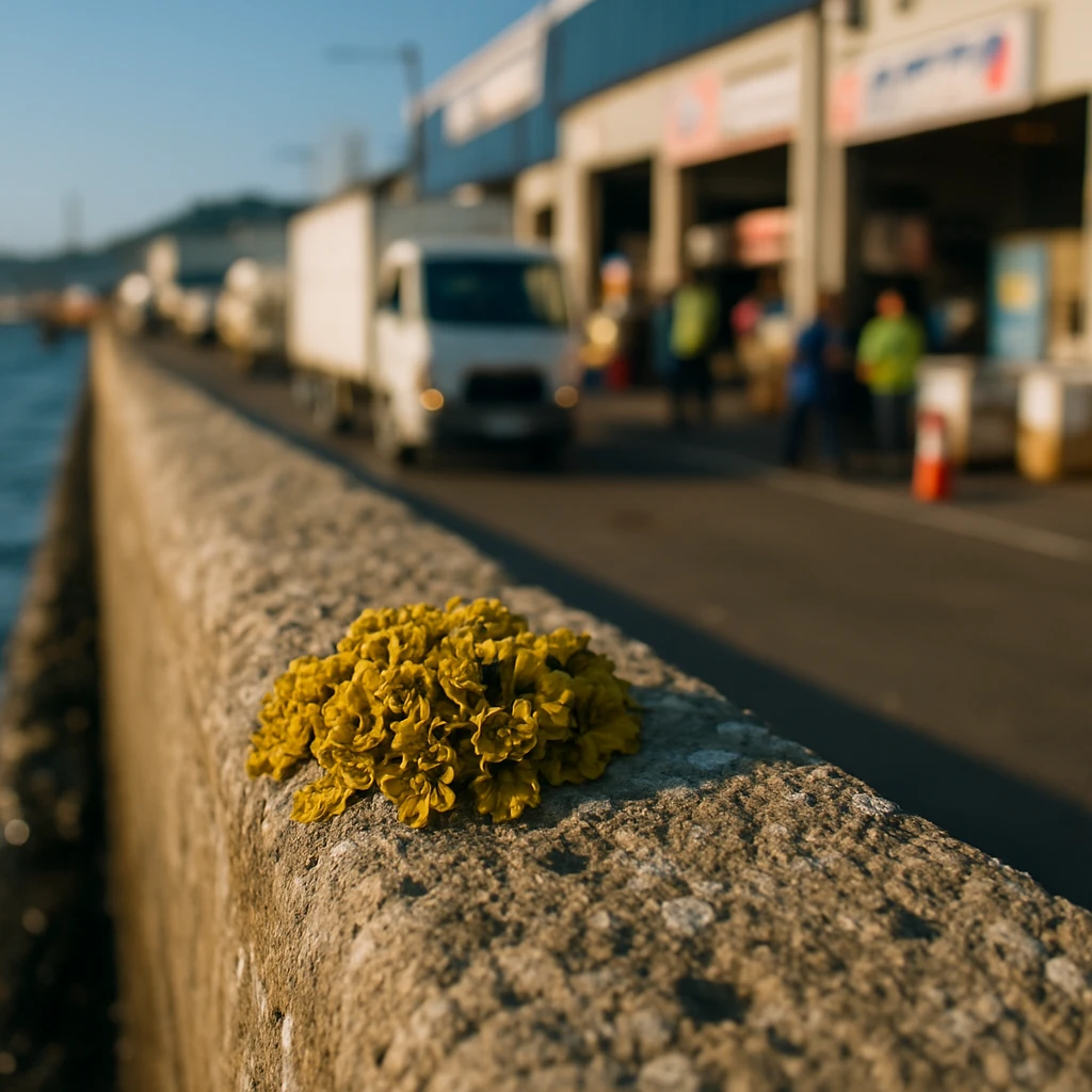 港沿いのコンクリート護岸に張り付く黄色がかった地衣類を背後に、物流が行き交う賑やかな港がぼんやりと写っている。
