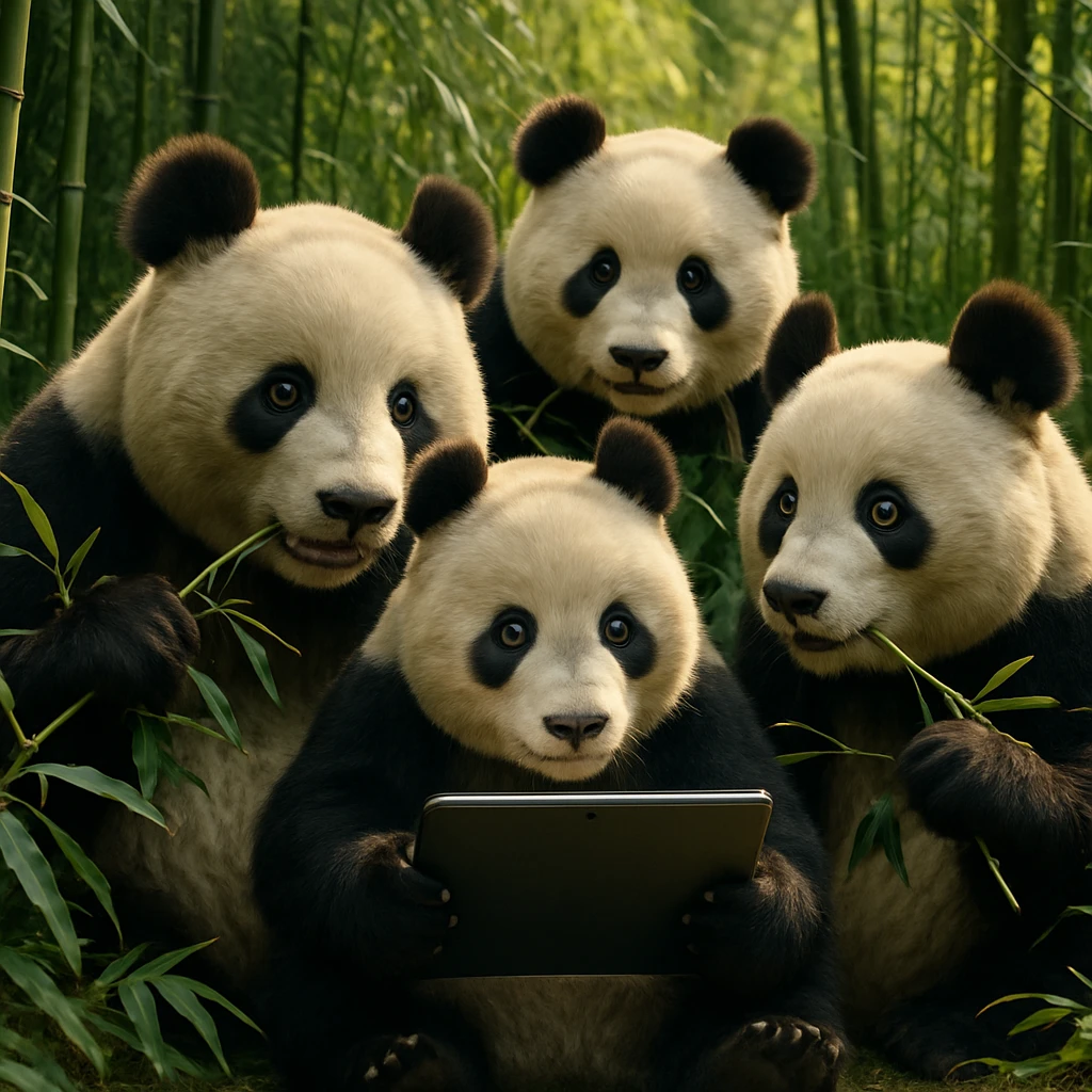 竹林の中でタブレットを囲みながらくつろいでいる数頭のジャイアントパンダの家族の写真。