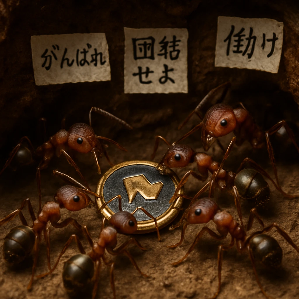 地下の巣穴でデジタルバッジと標語の前に集まる働きアリたちのリアルな写真風イメージ。