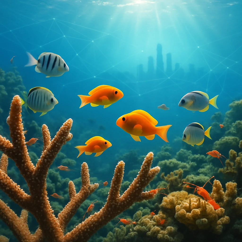 サンゴ礁の間から色とりどりの魚や甲殻類が泳ぎ回る海中の様子と、遠くにぼんやりと浮かぶ海上の都市の影が見える写真風画像。