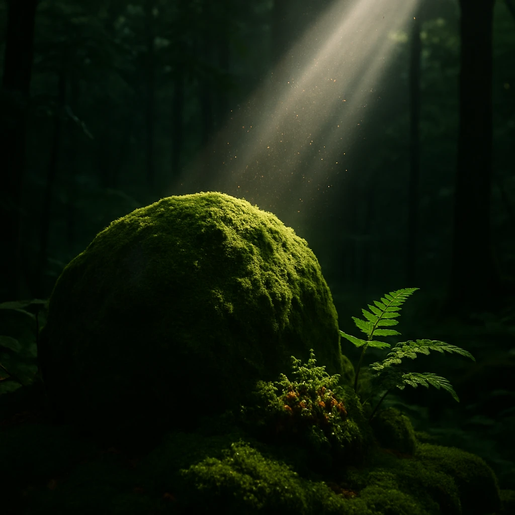 苔むした岩が森林の木漏れ日に照らされ、苔やシダが共生する様子を写した写真。