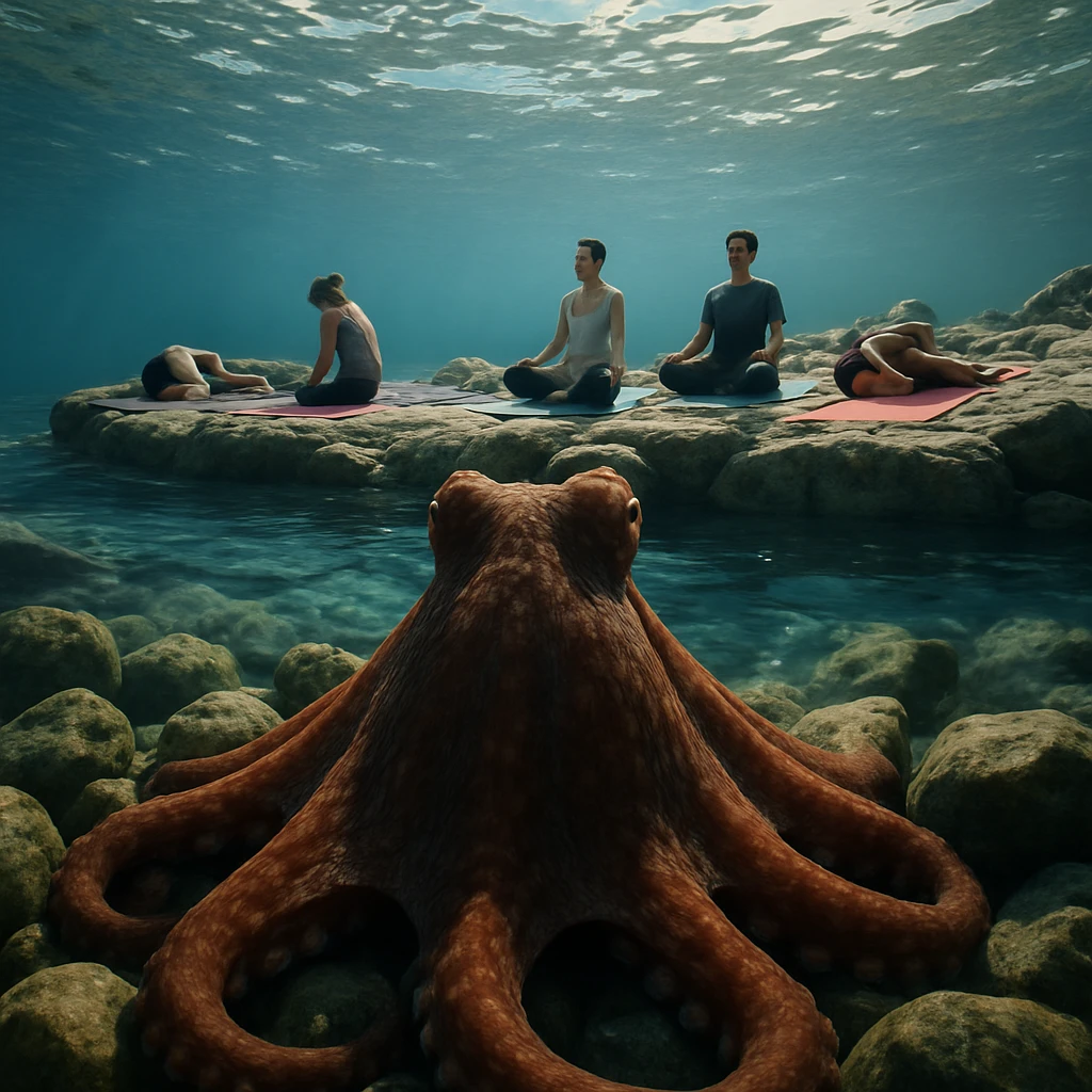 岩陰から海中のミズダコ越しに、陸上でヨガを行う人々を見上げるリアルな写真風シーン。