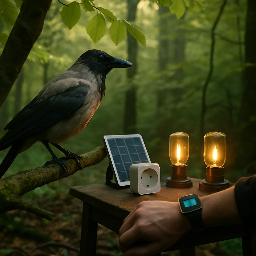 ブナの大木の高い枝に止まる灰色カラスが、森の中でスマートプラグや点灯したランプ、スマートウォッチを身につけた人間の様子を観察している写真風の情景。