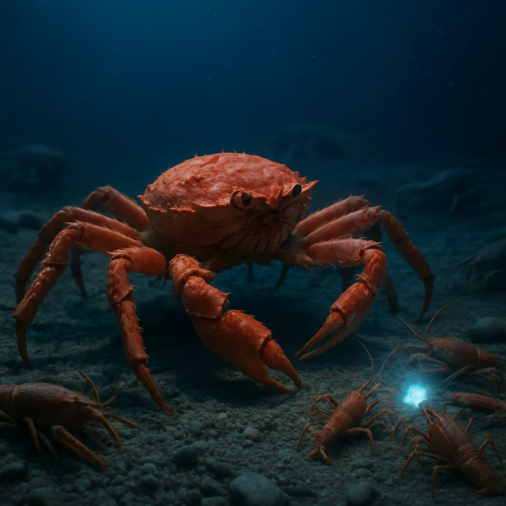 深海の青い光の中、複数のベニズワイガニや他の甲殻類が集まり働く様子の写真風画像。