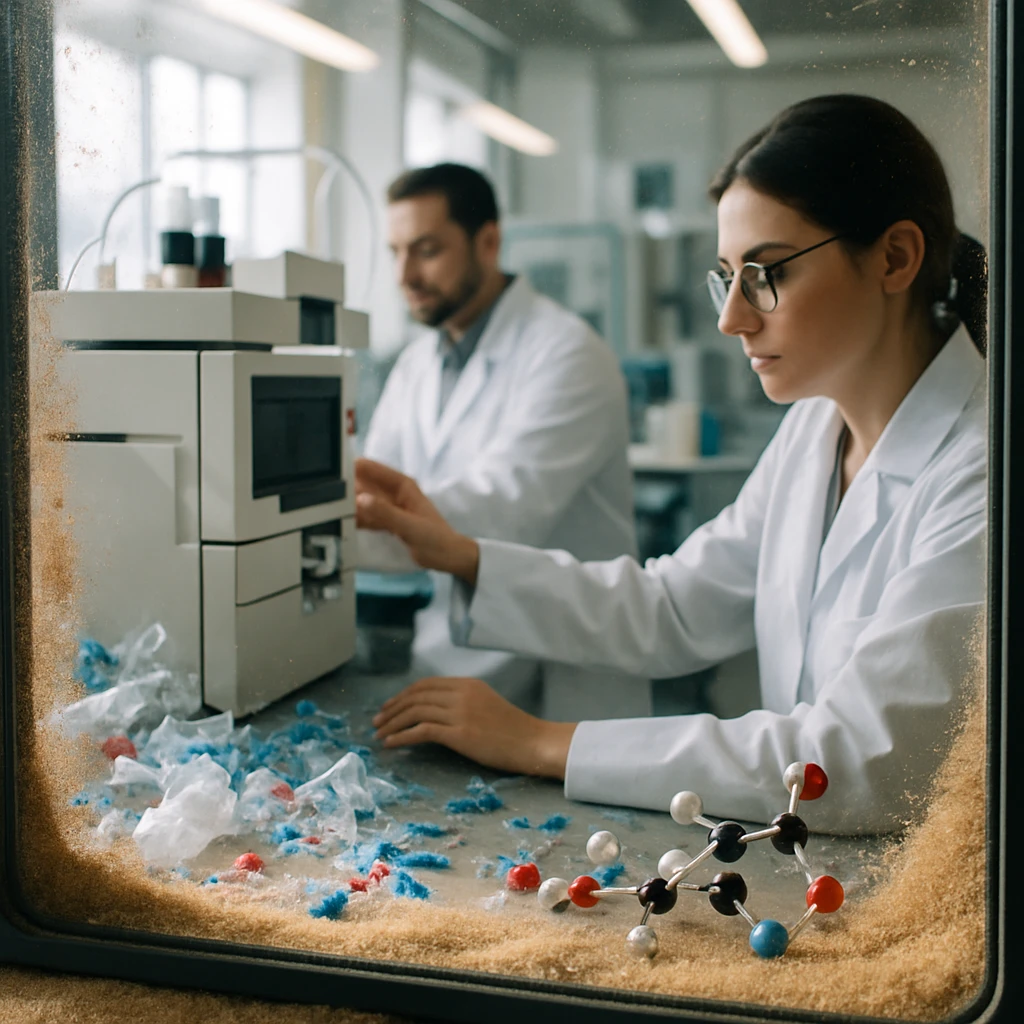 ガラス越しに砂粒が置かれた実験室内で、白衣の研究者たちがプラスチック片や分子モデルを前に分析装置を操作している様子の写真。