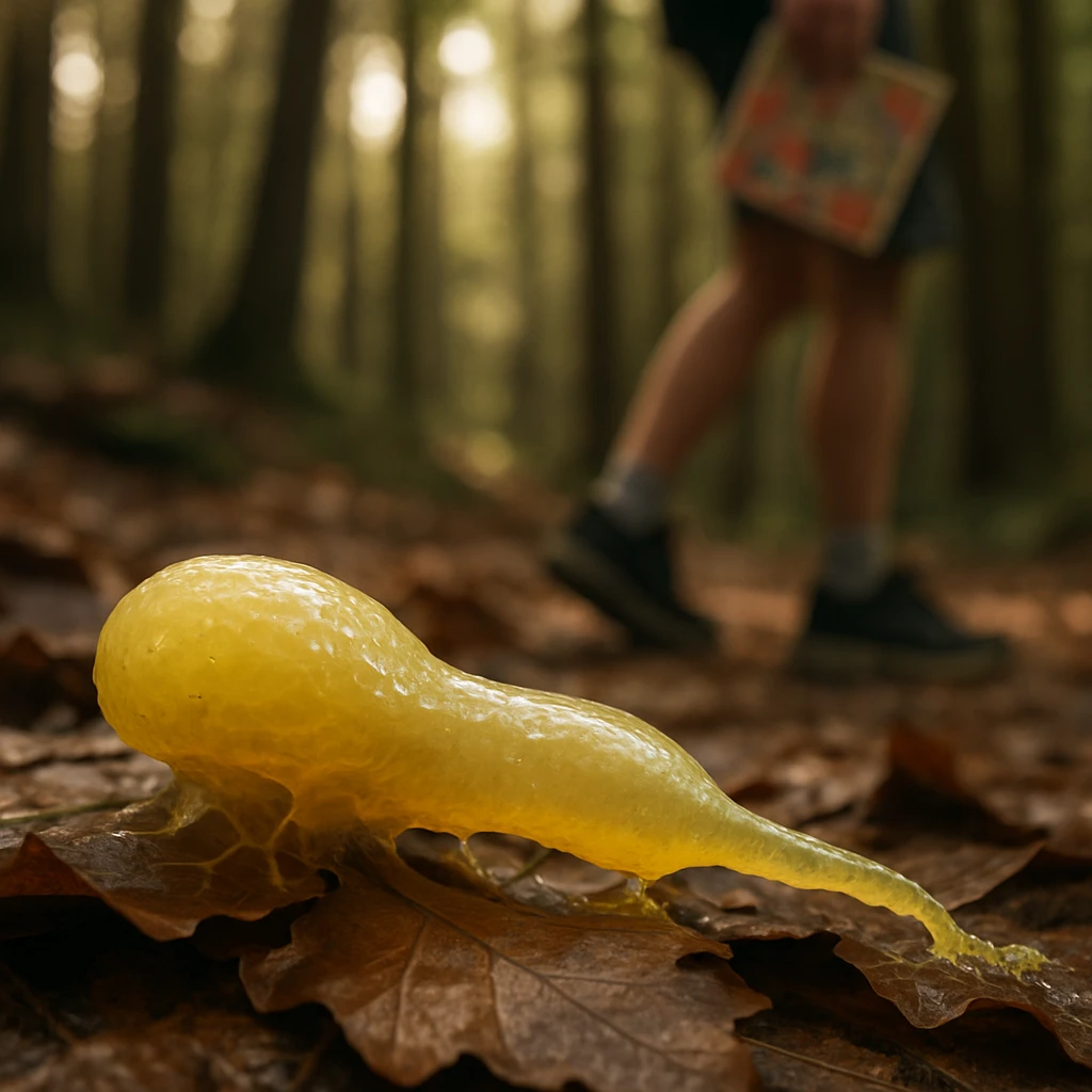 湿った落ち葉の上を這うナミハナホコリカビ（粘菌）と、その背景を歩く人間の足元が写った写真。
