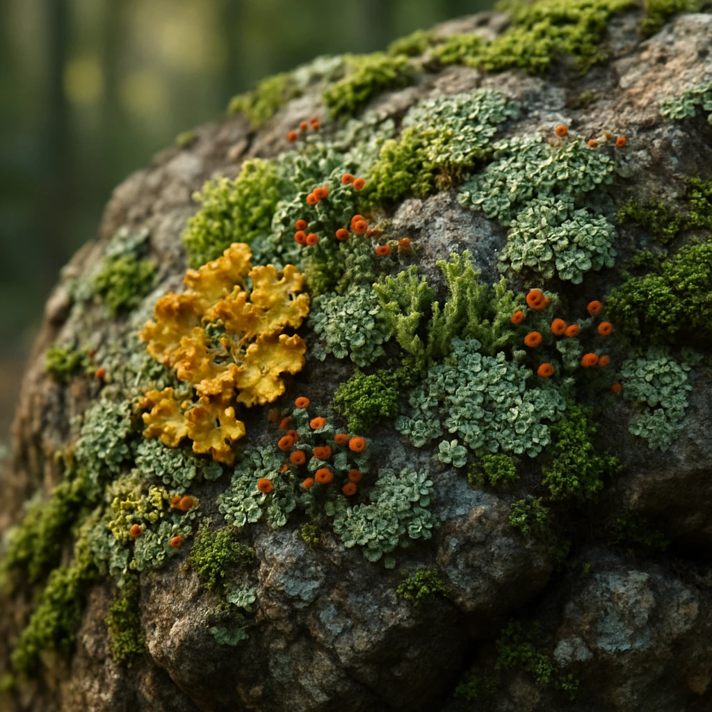 苔や地衣類が色とりどりに岩肌に生えて共生している森の一部のクローズアップ写真。