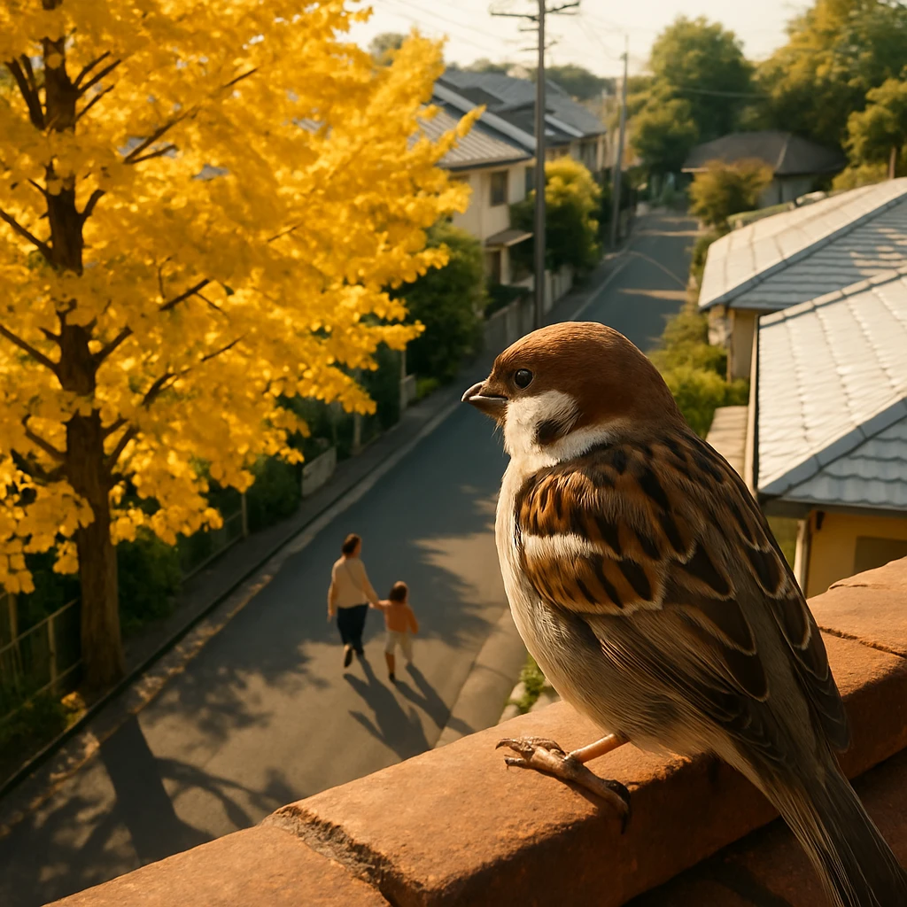 晴れた住宅街の屋根の縁でスズメが親子を見下ろしている様子を、高い視点から写した写真。
