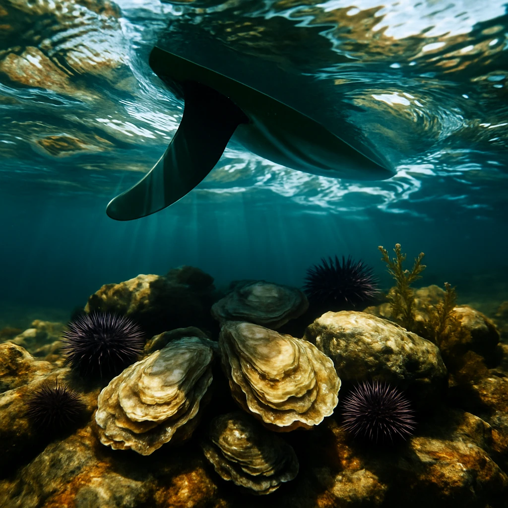 潮だまりの中で岩に張り付くカキ殻やウニなどの海の生き物のすぐ上をSUPボードのフィンが水面下を通過している様子。