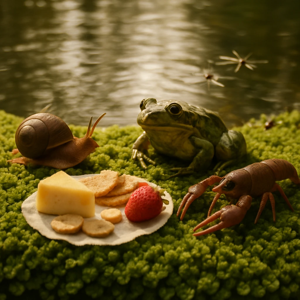 池のほとりに広がるふかふかのゼニゴケの上で、カエルやタニシ、ザリガニなどの小さな生き物たちが集まってくつろいでいる様子。