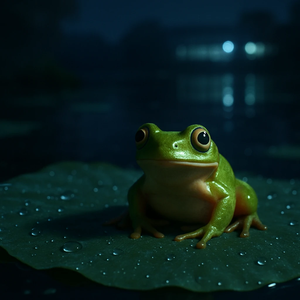 睡蓮の葉の上で夜にたたずむアマガエルのリアルな写真風景です。