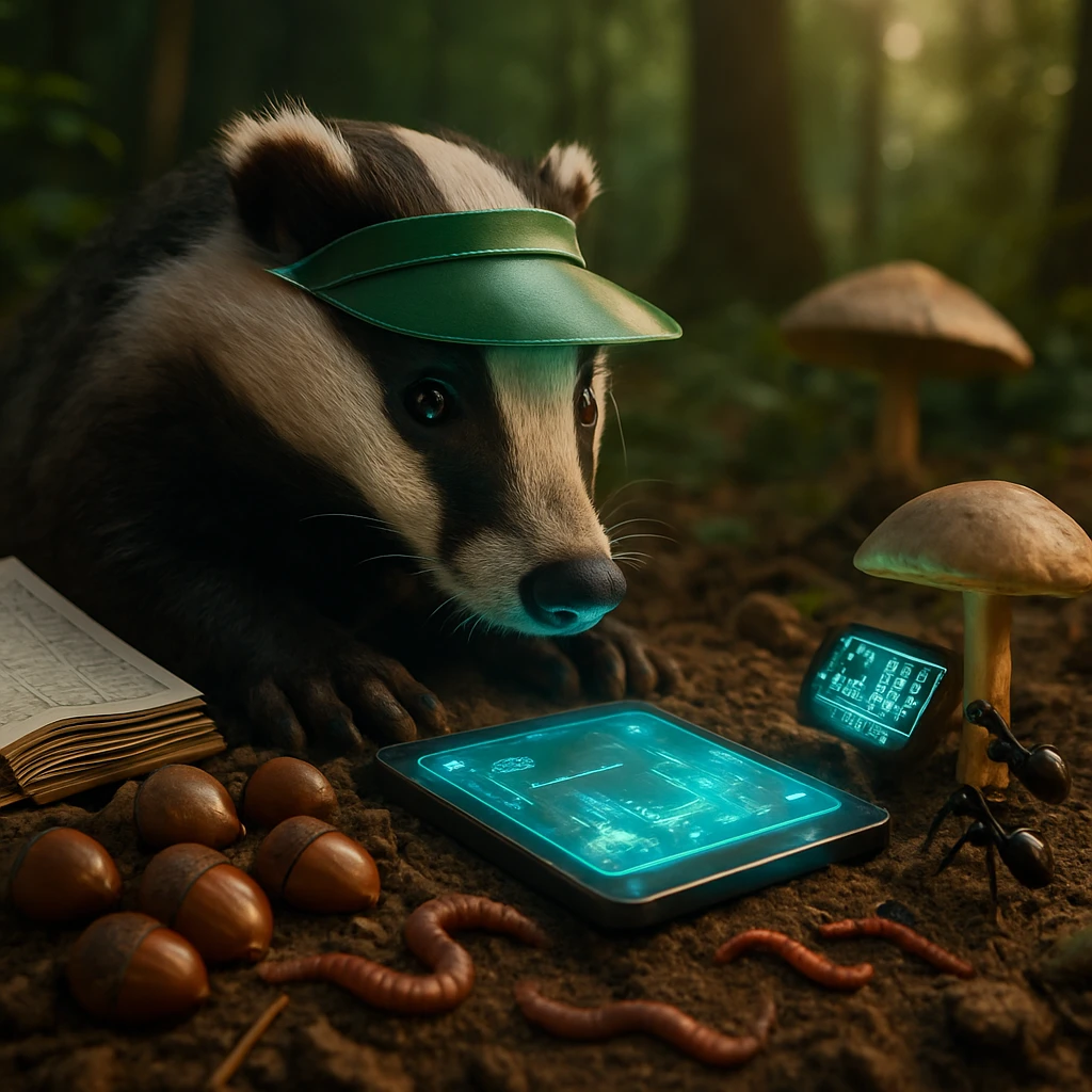 森の地面で、アナグマが電子タブレットとどんぐりや帳簿に囲まれて困惑し、アリたちがキノコ型端末を操作する様子。
