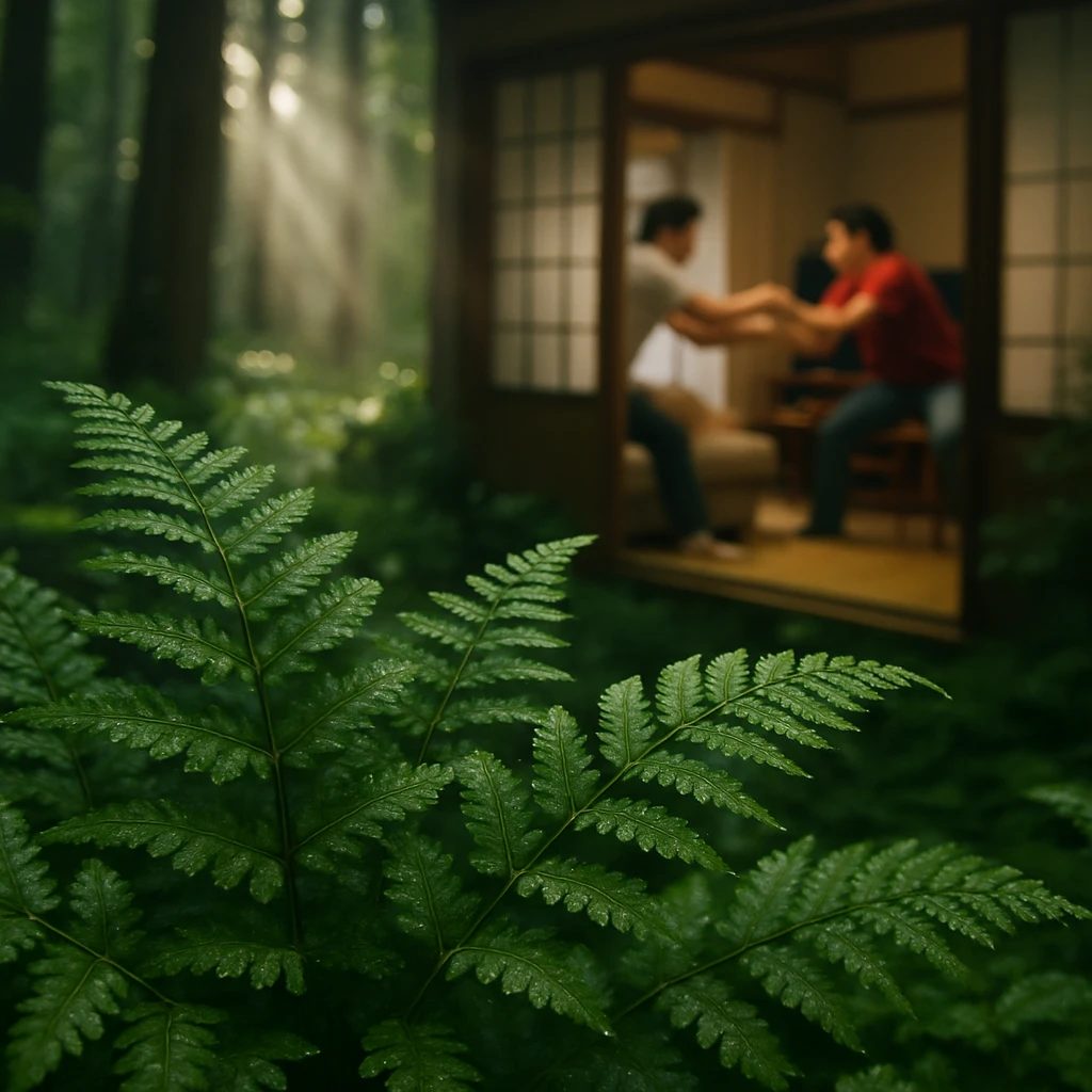 林床から見上げるシダの群生と、その奥に家の窓越しにテレビリモコンを争う人間の様子がぼんやり映っている写真。