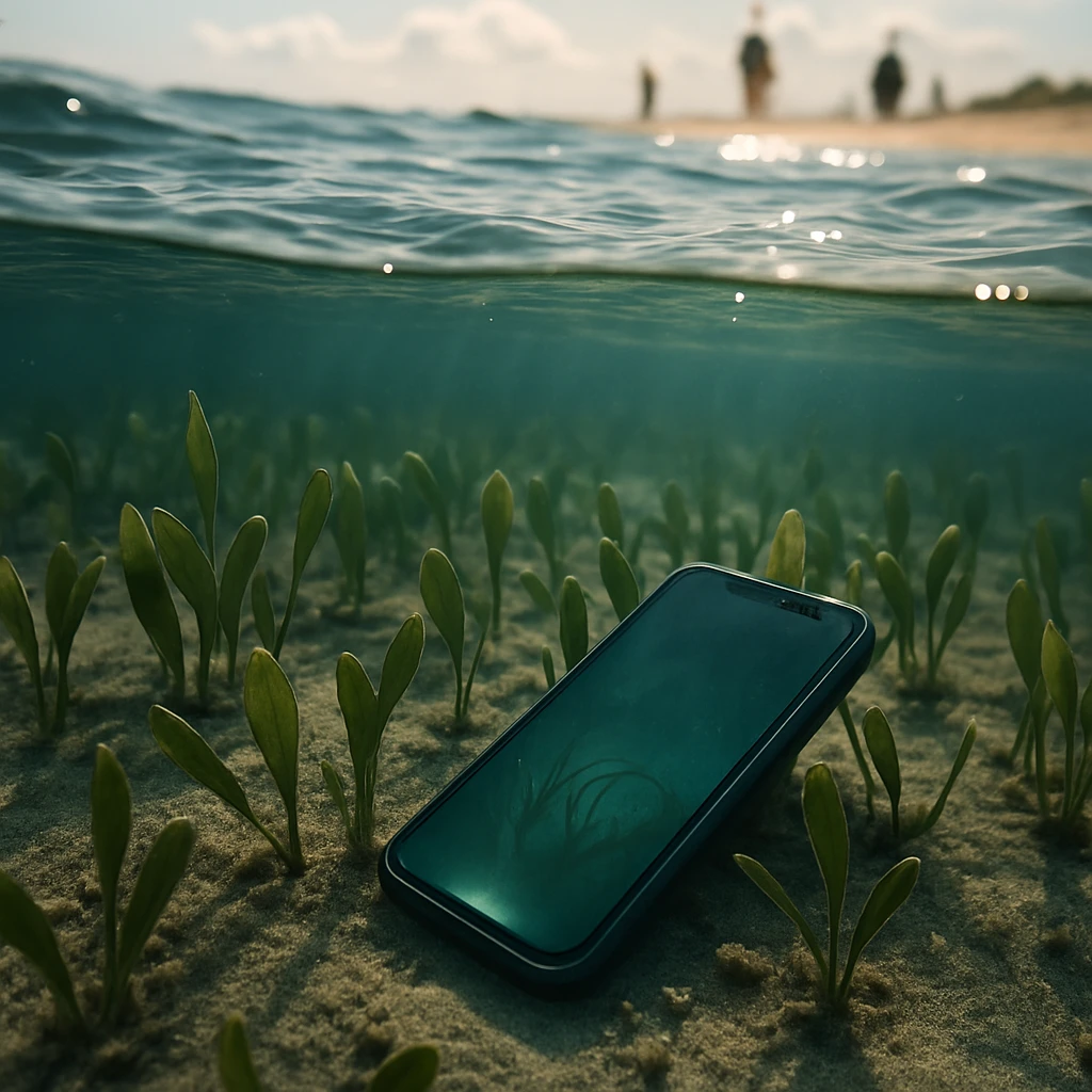 浅瀬の海底に根を張るウミヒルモと、防水スマートフォンが光る様子を写した写真風画像。