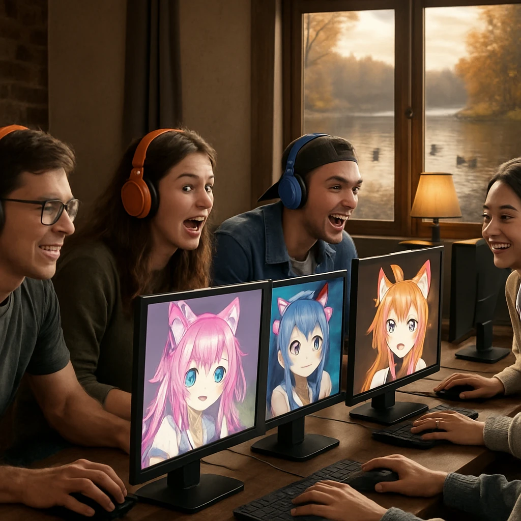 パソコン画面にVtuberのアバターが映る部屋で若者数人が楽しげに並ぶ様子と、窓の外に湖とカモの群れが見える光景。