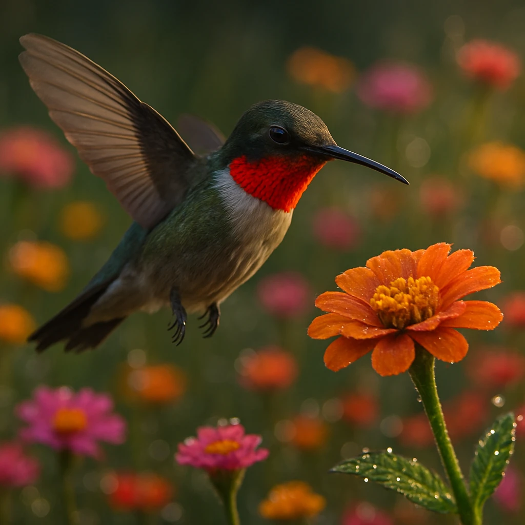 アカネノドハチドリが色とりどりの花畑で花を観察しながらホバリングしている写真。