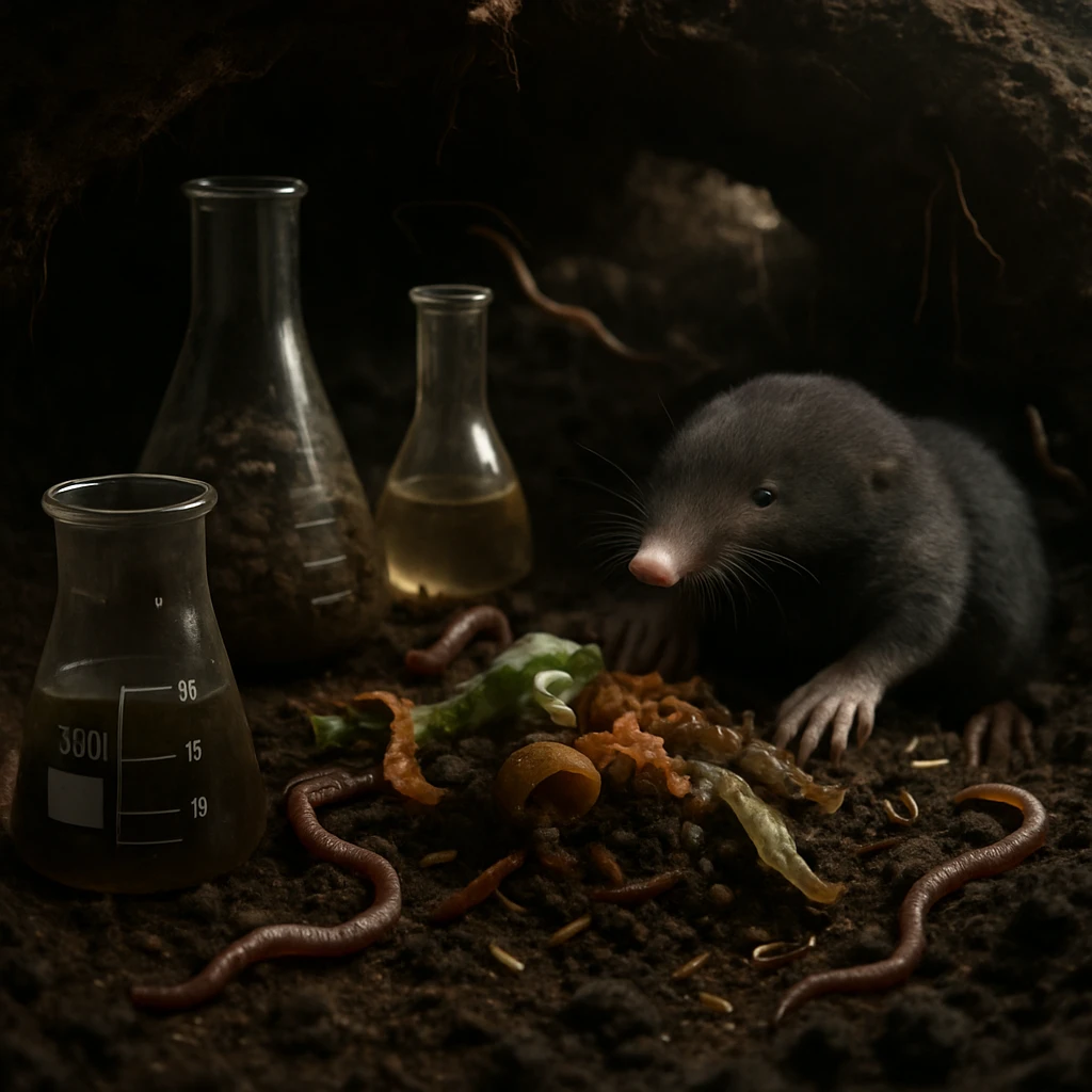 モグラやミミズなどが集まる土中のごみ処理ラボの様子をリアルに描いた写真風画像。