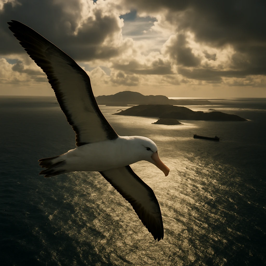 大空を飛ぶアホウドリが広大な海と遠くの島々を見下ろしているリアルな写真風の一場面。