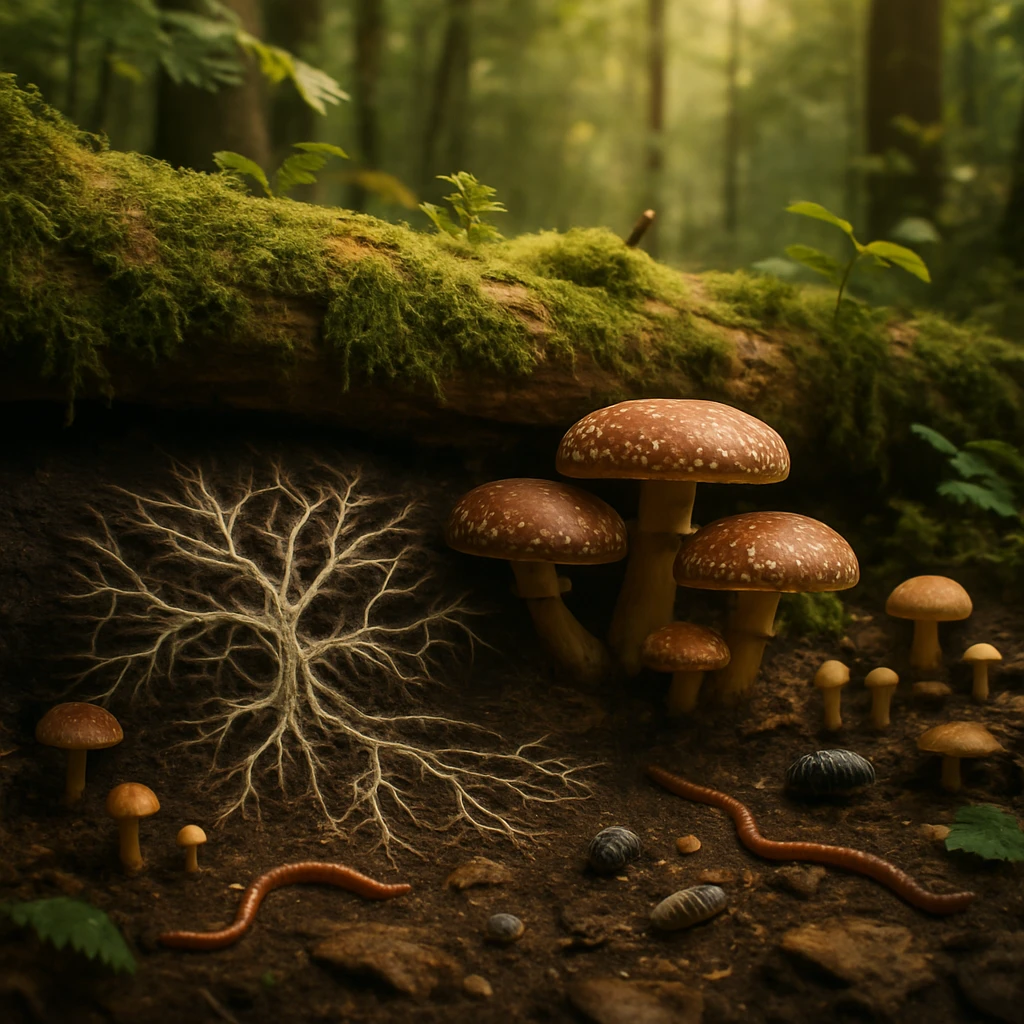 苔むした倒木の下に広がるシイタケ菌糸と様々な菌類、小動物たちが共生する本州奥地の森の一場面。