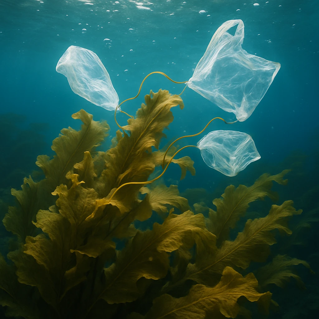 海底でワカメの群れが潮に揺れながら、漂流するプラスチックごみを葉先で絡め取っている様子。