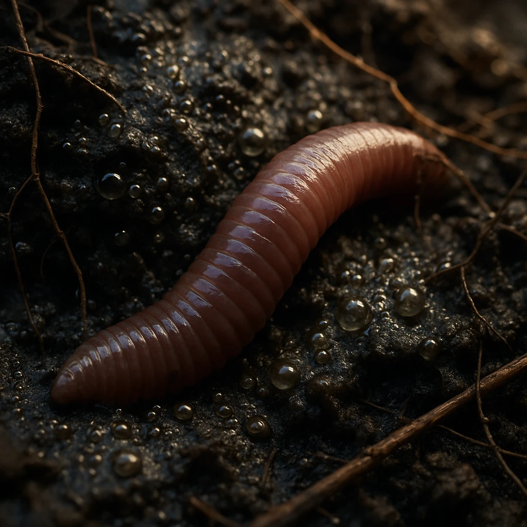 雨上がりの湿った土壌の中からミミズが地表付近に姿を現している様子のリアルな接写写真。