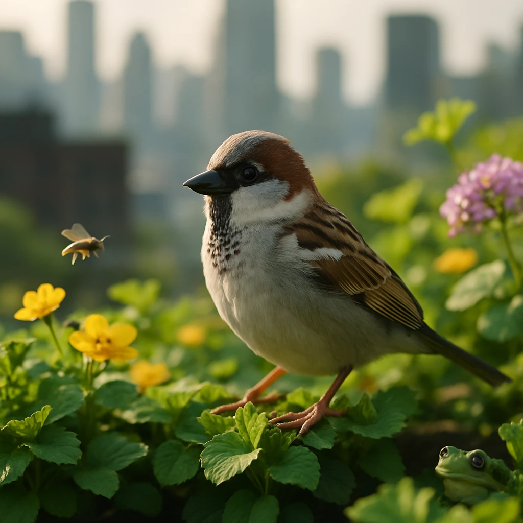 都市の屋上庭園で葉や花に囲まれたイエスズメがとまっている様子の写真。