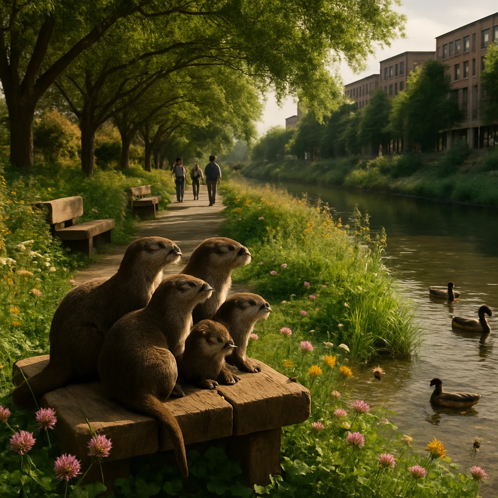 都会の緑豊かな川辺でカワウソの家族が木製ベンチと花に囲まれ、背景には散歩する人や流れる川が写っている写真。