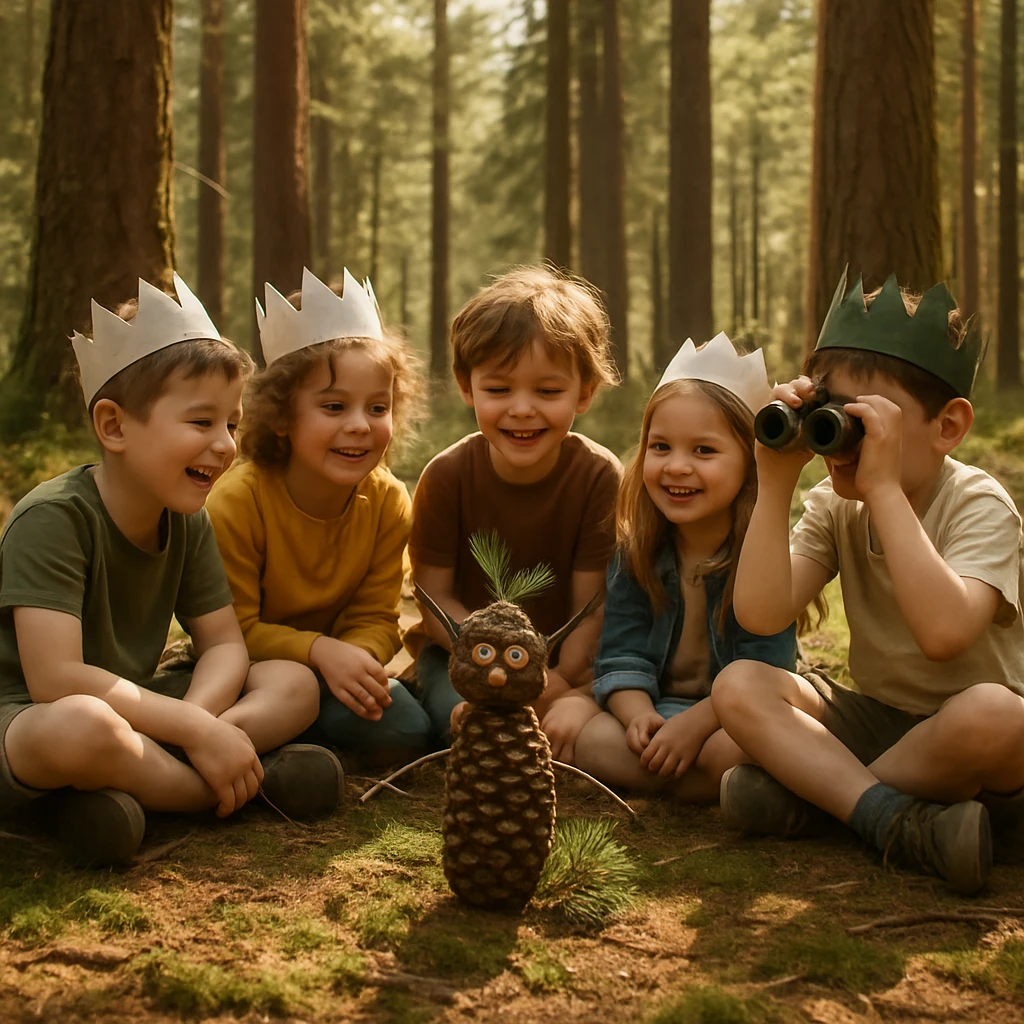 手作りの冠や双眼鏡を身につけた子供たちが、森の中で松ぼっくりを飾り付けた作品を囲んで座っている様子。