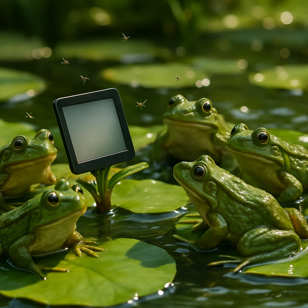 池の中でカエルたちがスイレンの葉の上に集まり、デジタル端末を見つめる様子のリアルな写真風画像。